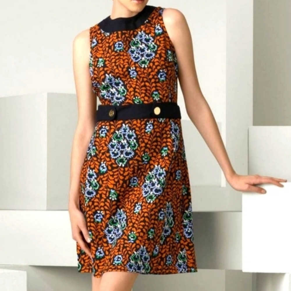 Tory Burch Melanie Orange Navy Printed Linen Shift Dress Gold Logo Buttons US 6
